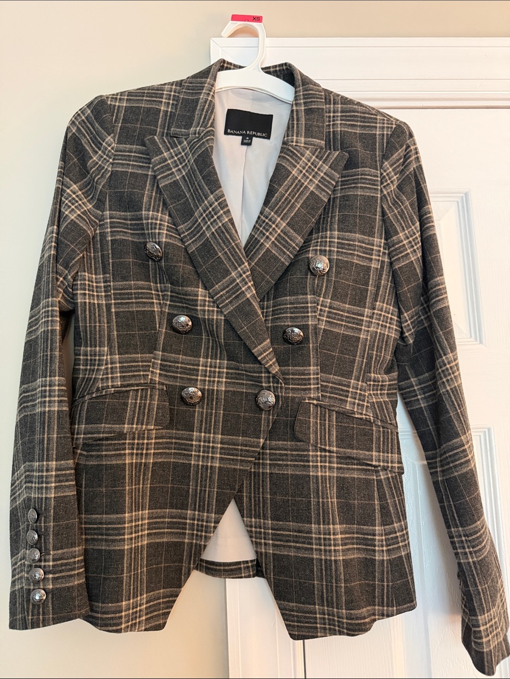 Banana Republic Brown & Cream Plaid Double-Breasted Blazer